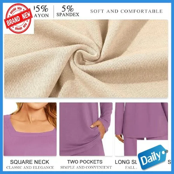 Plus Size Long Sleeve Pajama Set with Pockets, Rayon Spandex - Picture 7 of 8